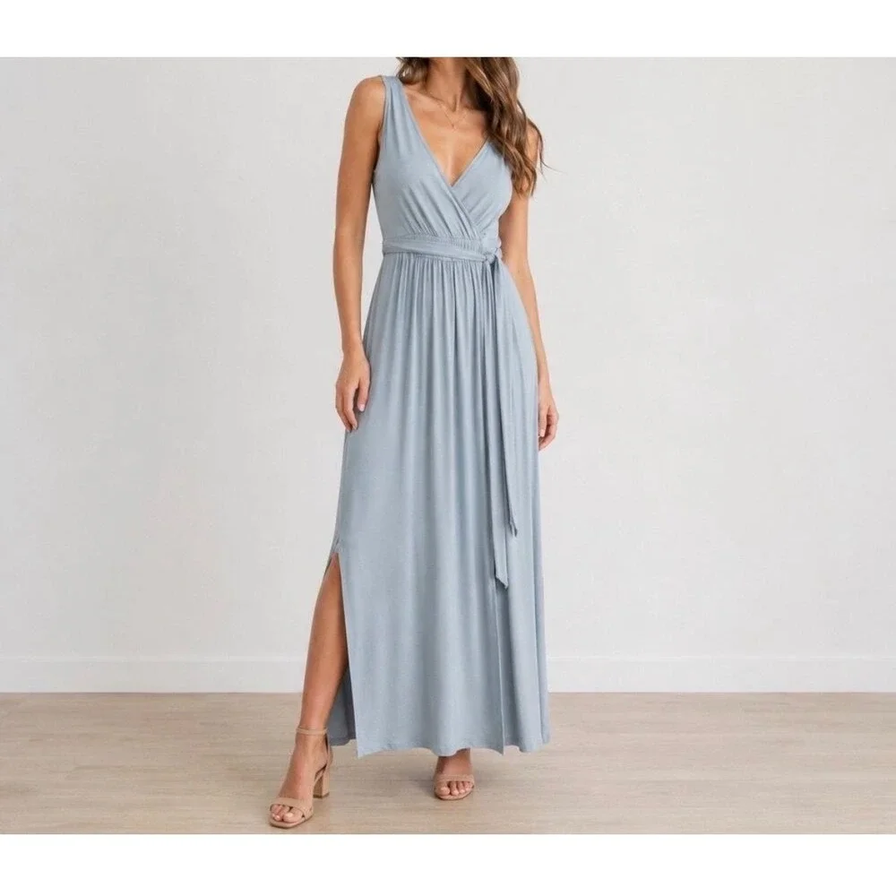 lulus dusty blue dress Lovely Endings Dusty Blue One-Shoulder Pleated Maxi Dress